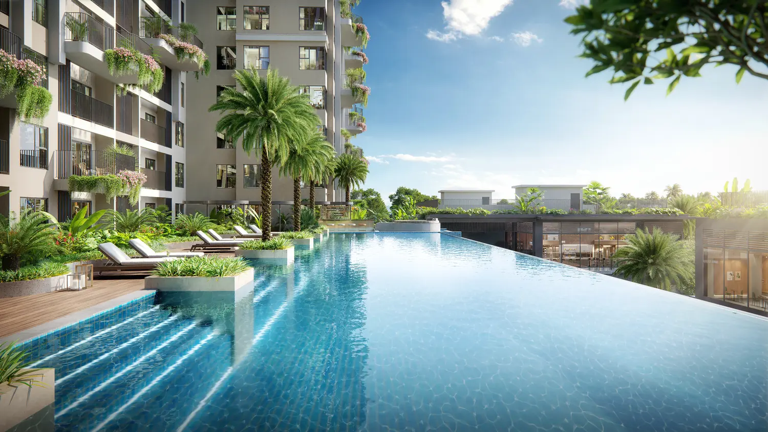 Bể bơi tầng 2 trong khối căn hộ tại khu đô thị Ecopark Long An
