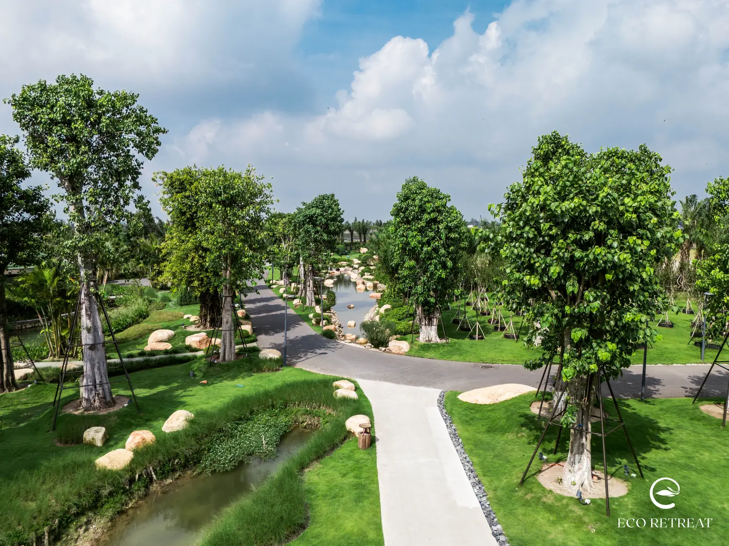 Hình ảnh thực tế cảnh quan đã hoàn thiện bên trong Eco Retreat Bến Lức Long An