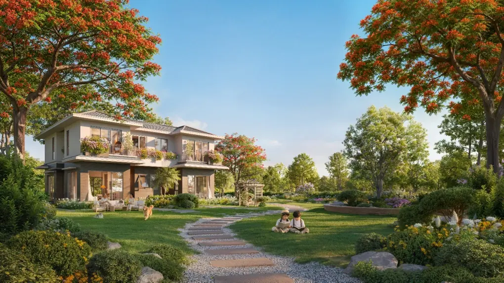 Phối cảnh phân khu Rừng Phượng Eco Retreat với hàng phượng vĩ và sân vườn trước nhà