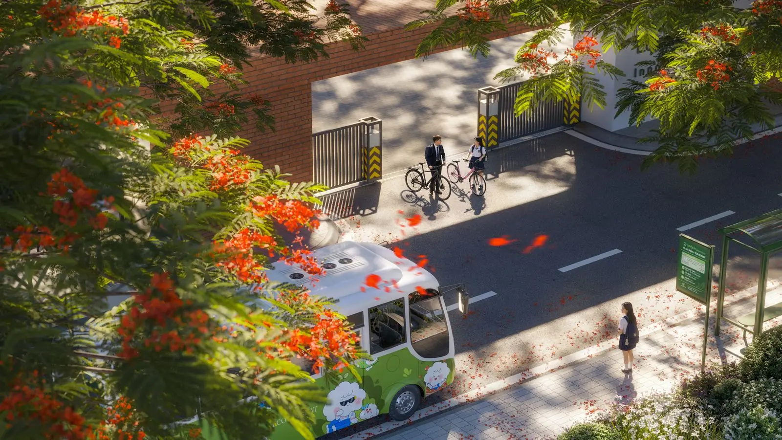 Đường nội khu Rừng Phượng Eco Retreat với hàng phượng đỏ và xe bus nội khu